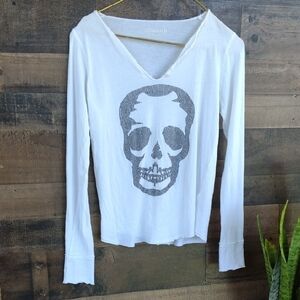 Zadig & Voltaire White V-Neck Skull Graphic Long Sleeve Tee Size Small